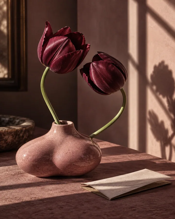 Burgundy tulips leaning toward each other in a pink ceramic vase