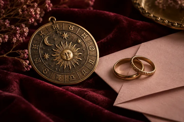 A brass zodiac wheel with a sun face and crescent moon rests on burgundy velvet beside two gold rings on a pink envelope.