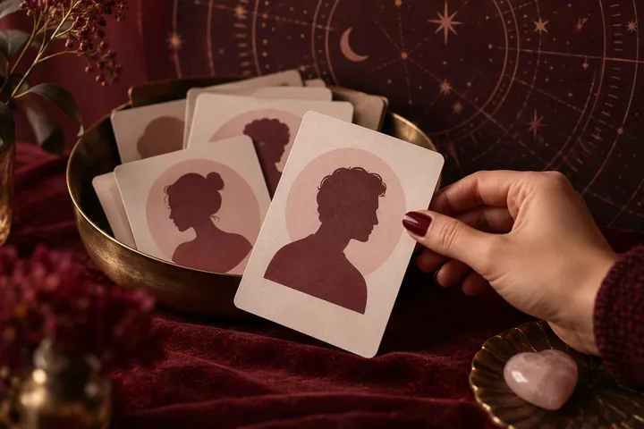 A hand holds a card with a profile silhouette above a bowl of similar cards, against a star-patterned backdrop on burgundy fabric.