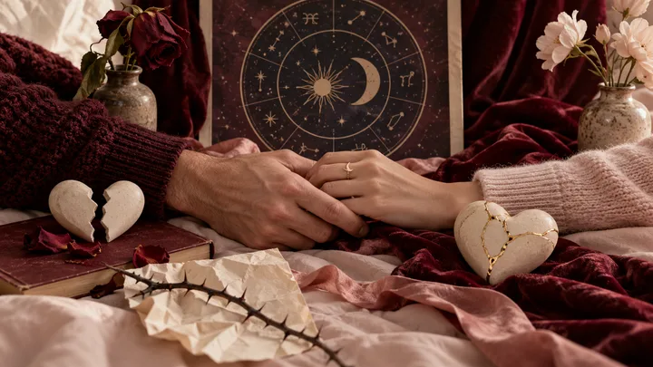Two hands rest together between broken heart ornaments, with a circular star chart behind them and flowers on either side.