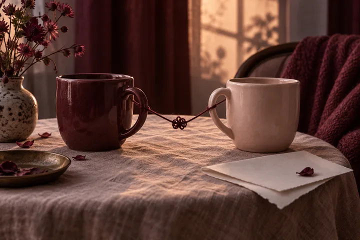 A dark mug and a pale mug are joined by a knotted cord on a sunlit table beside a vase of flowers.