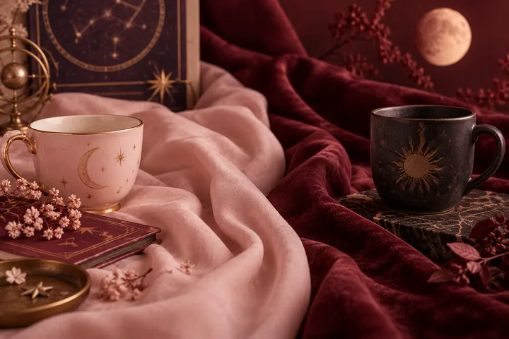 A pale pink crescent-moon cup and a dark sun-patterned cup sit on rumpled pink and burgundy fabric beside a starry book, flowers, and a round moon ornament.