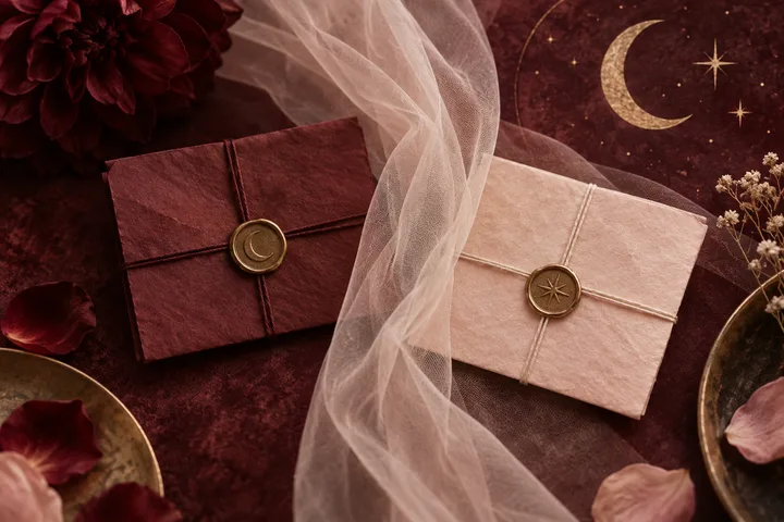 A burgundy envelope with a crescent seal and a pale pink envelope with a star seal lie beneath sheer fabric, surrounded by flowers and a crescent moon with stars.