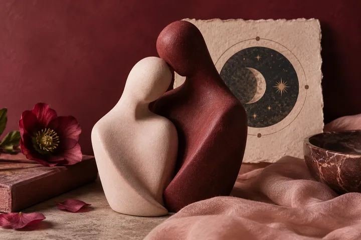 Two faceless sculptural figures lean together beside a crescent moon and stars illustration, a flower, and a bowl in a burgundy-toned still life.
