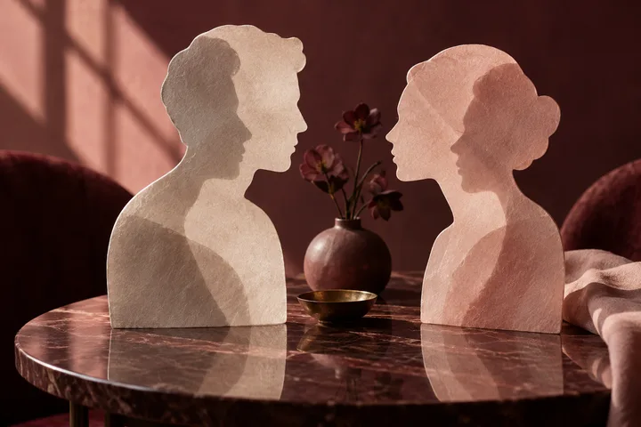 Two facing profile cutouts, one dark and one pale pink, sit across a round table with a small bowl and a vase of flowers between them.