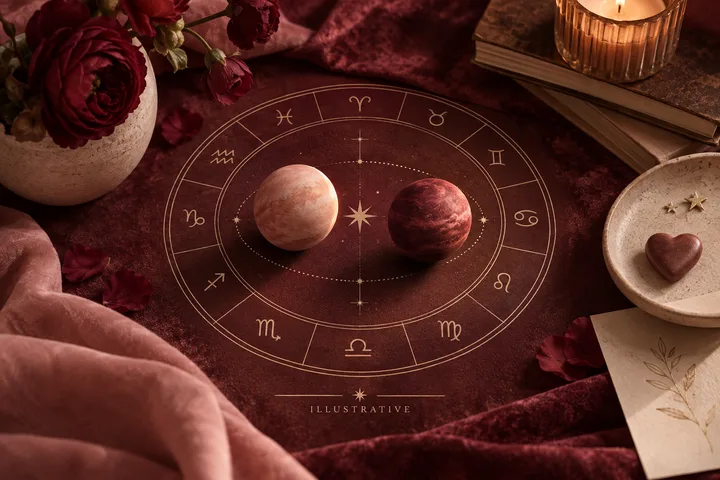 Two mottled spheres sit inside a circular zodiac diagram on burgundy fabric, with red roses, a candle, and a small dish holding a heart-shaped stone nearby.