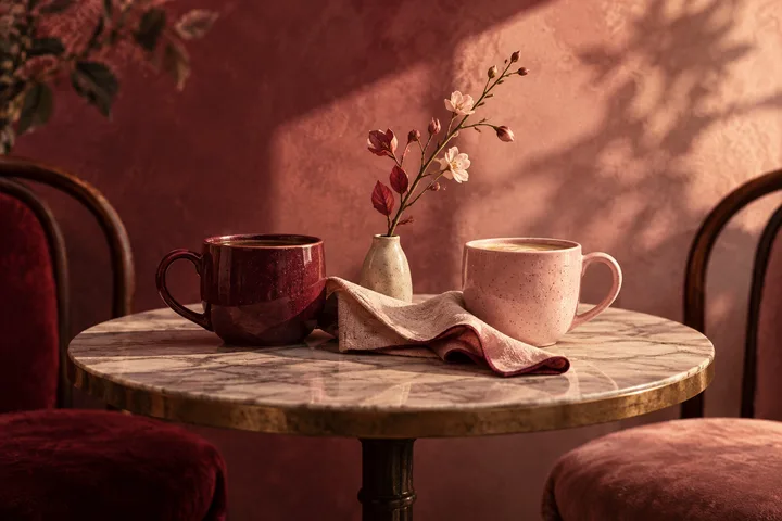 A dark burgundy cup and a pale pink cup sit on a round marble table with a small vase of flowers and a folded cloth between them.