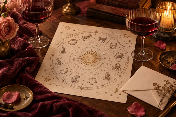 An illustrated zodiac wheel with a sun face lies on a wooden table beside two glasses of red wine, roses, candles, and envelopes.