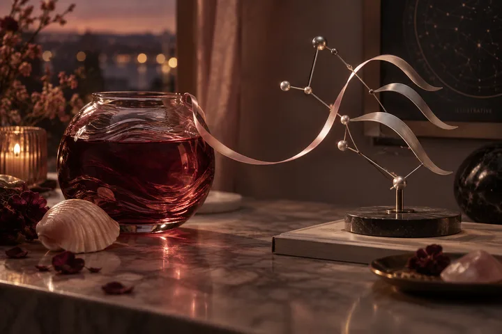 Burgundy glass water vessel and airy metal constellation sculpture connected by a blush ribbon in an intimate editorial still life.