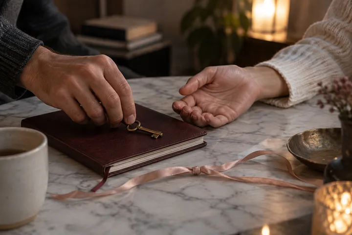 Two adult hands meet over a burgundy notebook and brass key beside a rejoined blush ribbon, suggesting consent, accountability, and repair.