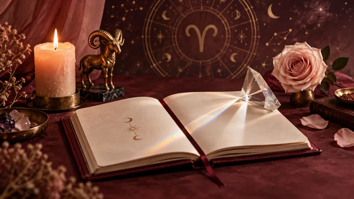 Burgundy editorial still life with a candle, brass Aries ram, blush rose, open journal, and prism casting a clear beam of light across the page.