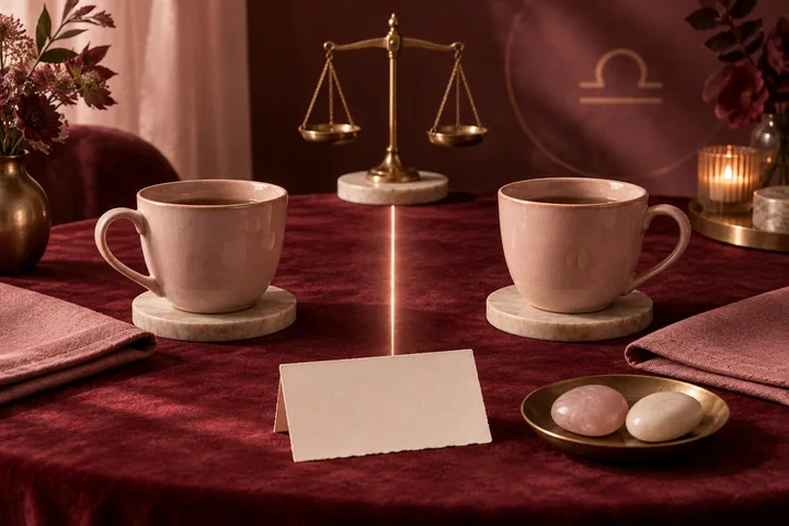Two blush ceramic cups face each other across a clean line of light, with balanced brass scales and blank paper on a burgundy table.