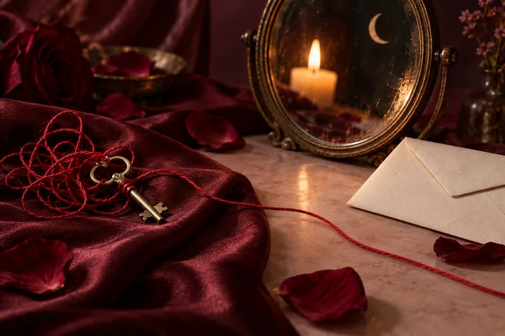Close-up of a brass key and red thread moving from a tangle toward a clear line beside an antique mirror, candle reflection, and blank envelope.