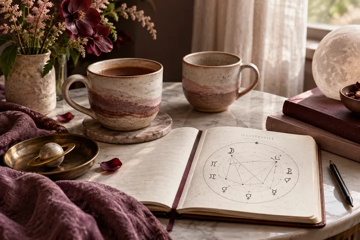 Burgundy and blush editorial still life with two ceramic cups, an illustrative astrology chart labeled illustrative, a lunar orb, and a Saturn-like ring on an open notebook.