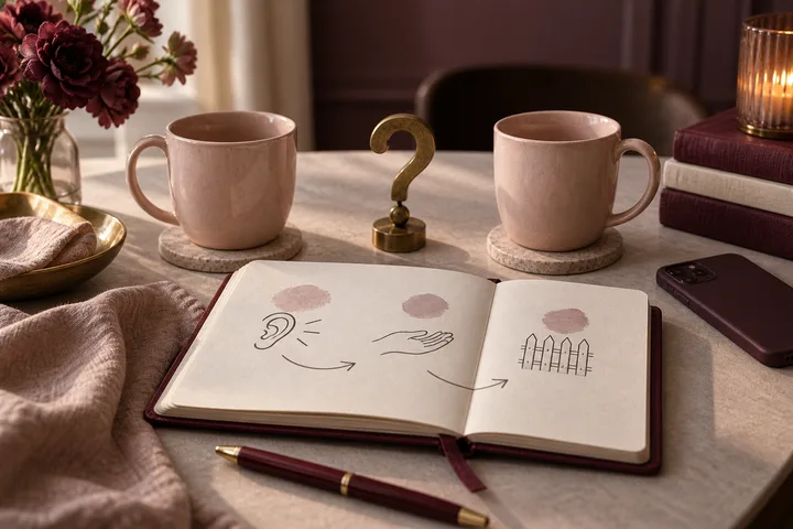 Warm burgundy and blush still life with two facing cups, a brass question mark, a face-down phone, and an open notebook showing symbolic listening and boundary marks.