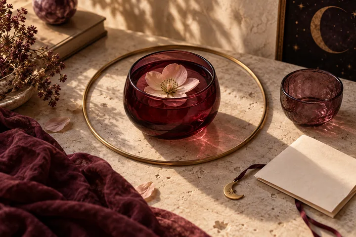 Close-up burgundy glass vessel with a blush flower inside a brass circle, a second empty vessel outside it, and a crescent-moon charm suggesting protective boundaries.