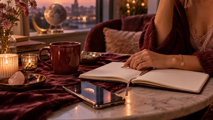 A woman prepares for an honest relationship conversation beside a phone, open notebook, burgundy cup, and celestial decor at dusk.