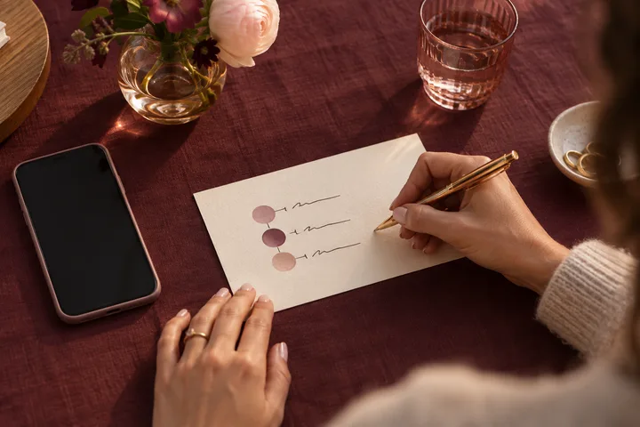 A woman writes a clear three-part communication request on a cream card beside a phone on burgundy linen.