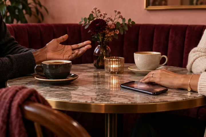 Two people listen across a café table, represented by an open hand, two cups, and a softly glowing phone.