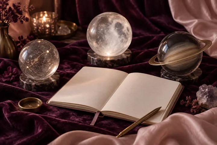 Three separate celestial glass objects surround a blank notebook as an illustrative metaphor for Mercury, Moon, and Saturn layers.