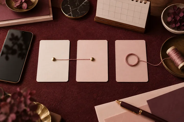 Three blank cards, a phone, calendar, and connecting thread form a visual comparison of promise, plan, and pattern.