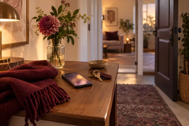 A phone, burgundy scarf, keys, and fresh flower sit on an entry table beside an open doorway, suggesting dependable follow-through.