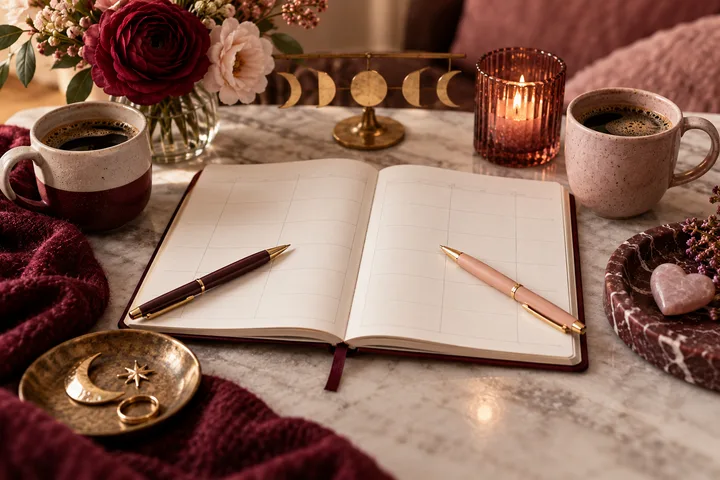 An open blank planner with two pens sits between coffee mugs, flowers, a lit candle, a brass moon phase ornament, and small gold celestial objects on a marble table.
