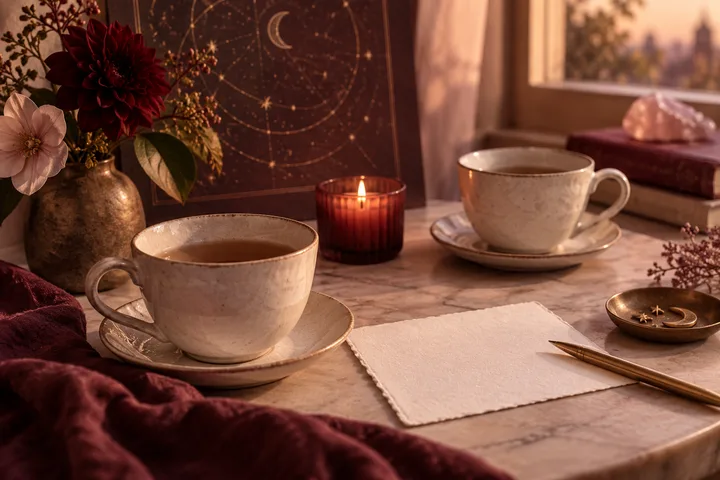 Two cups sit beside a lit candle, flowers, a star-patterned board with a crescent moon, and a blank sheet of paper with a pen.