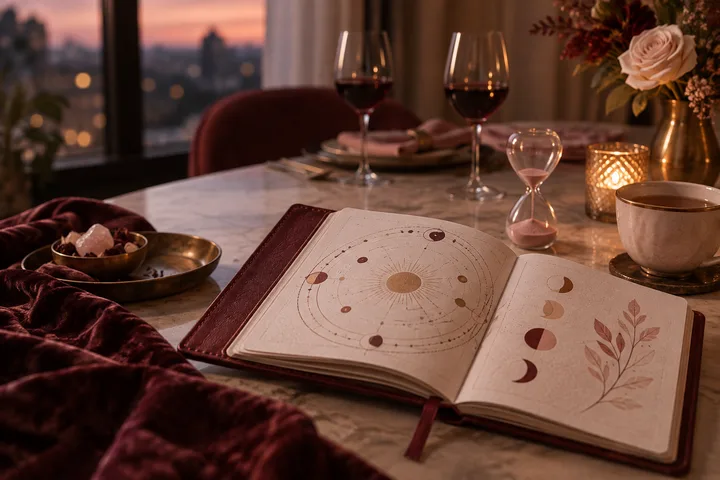 Illustrative astrology journal and blush hourglass on an intimate burgundy dinner table, evoking a thoughtful dating pace and room for judgment.