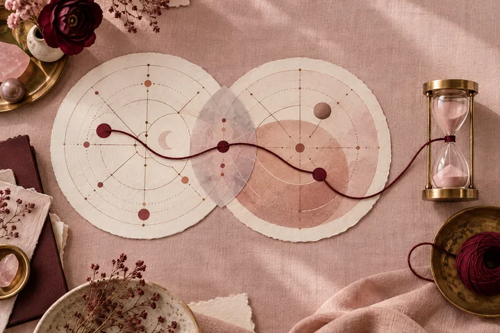 Two abstract illustrative chart circles overlap beneath a burgundy thread leading to a blush hourglass, representing natal patterns, synastry, and relationship timing.