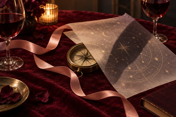Burgundy velvet still life with a brass compass partly covered by an illustrative star chart, blush ribbon, candlelight, and wine glasses, symbolizing attraction obscuring judgment.