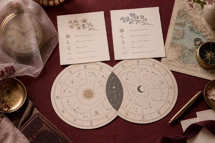 Two generic illustrative chart discs, handwritten-style birth-data cards, a veiled vintage clock, map, and brass compass arranged on burgundy linen.