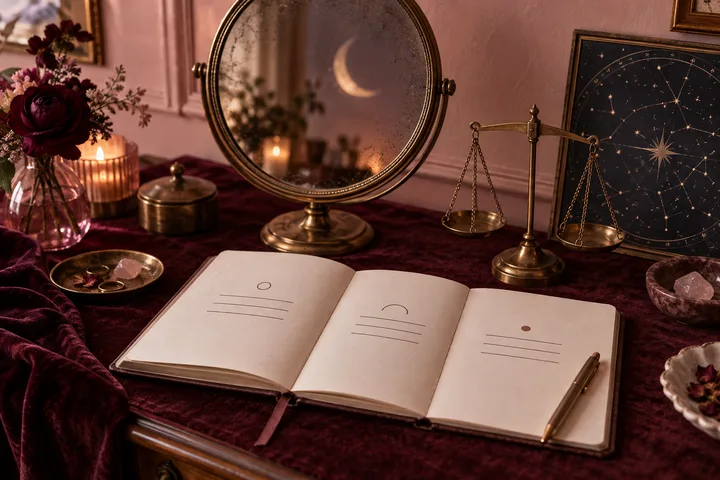 Open journal, crescent-moon mirror, brass balance scale, flowers, and a generic star map arranged as a reflective natal-pattern still life.