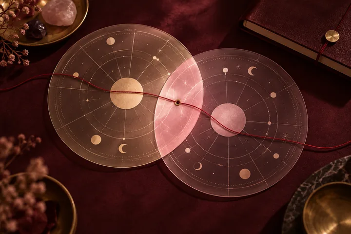 Two translucent generic planetary chart discs overlap on burgundy velvet, creating a blush intersection crossed by a red thread.