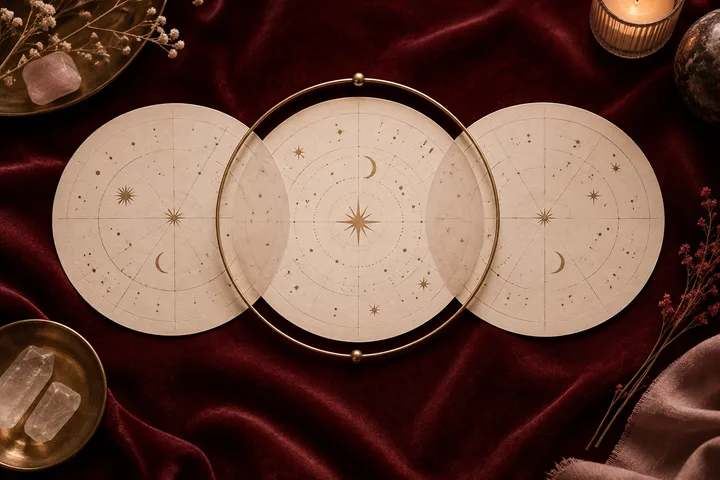 Three generic illustrative chart circles arranged as two outer charts and a new central circle inside a brass frame on burgundy velvet, symbolizing a composite relationship field.