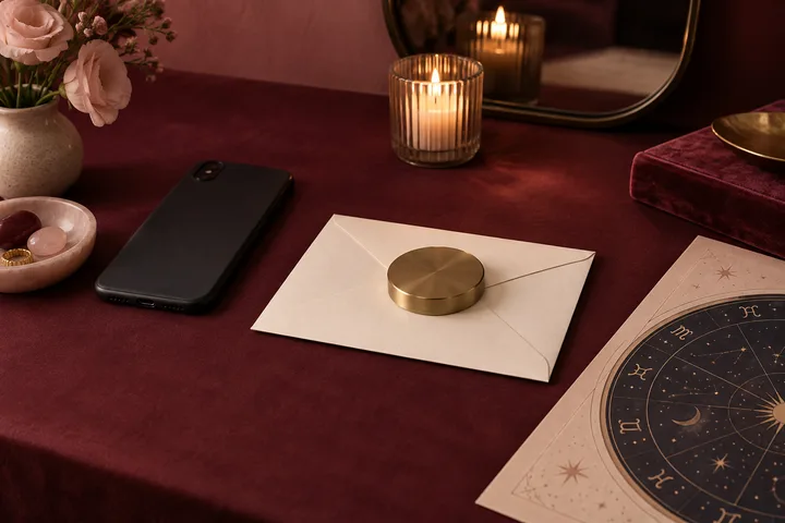 Closed cream envelope held by a brass paperweight beside a face-down phone, candle reflection, and a generic illustrative chart edge on burgundy velvet.