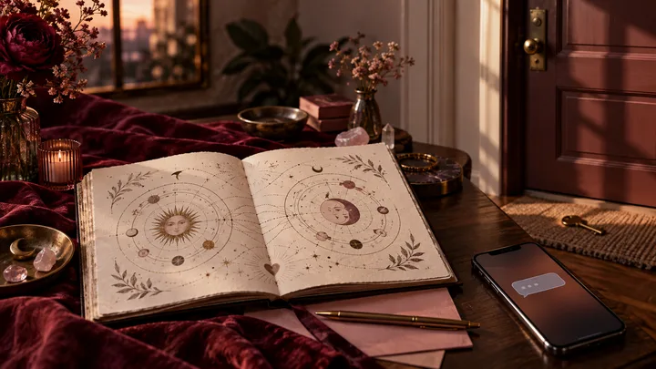 Illustrative synastry chart, unanswered phone, and closed door arranged in a warm burgundy editorial still life.