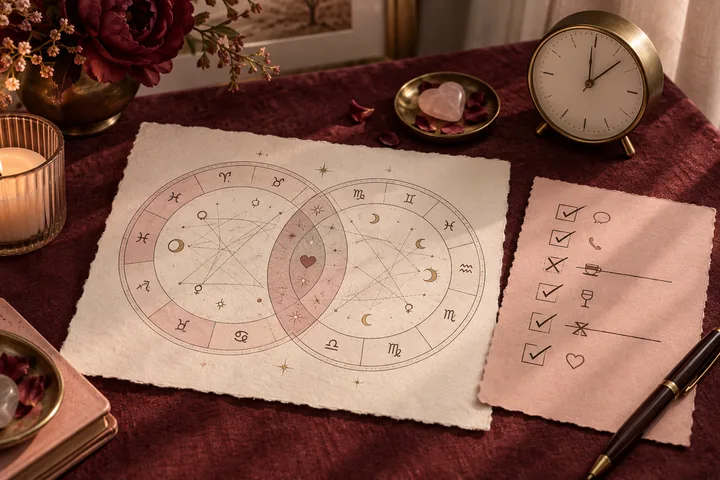 Two illustrative astrology wheels beside a behavior checklist and clock on burgundy linen.