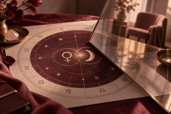 Illustrative Venus and Moon symbols on a synastry chart reflected in glass beside an empty chair.