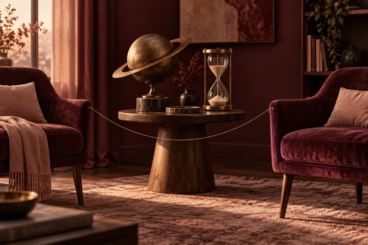 Brass ringed planet and hourglass between two separate burgundy chairs connected by a thin thread.