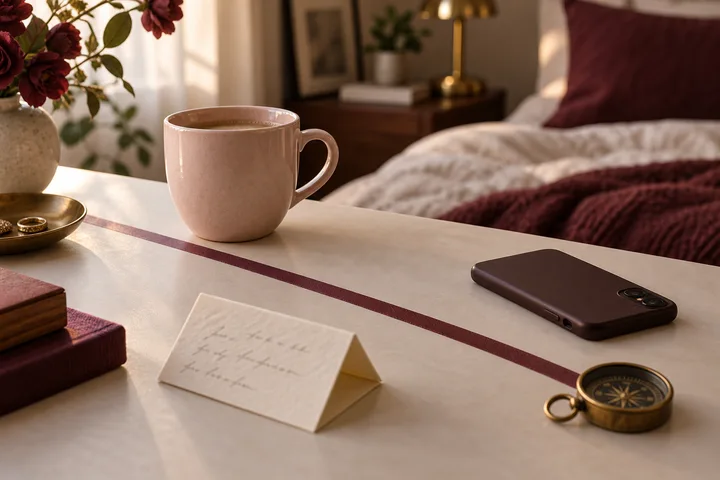 Blush cup behind a burgundy boundary line with a folded note, face-down phone, and compass.