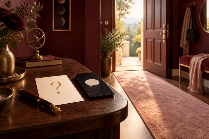 Question card and phone beside an open doorway leading to daylight in a burgundy entryway.