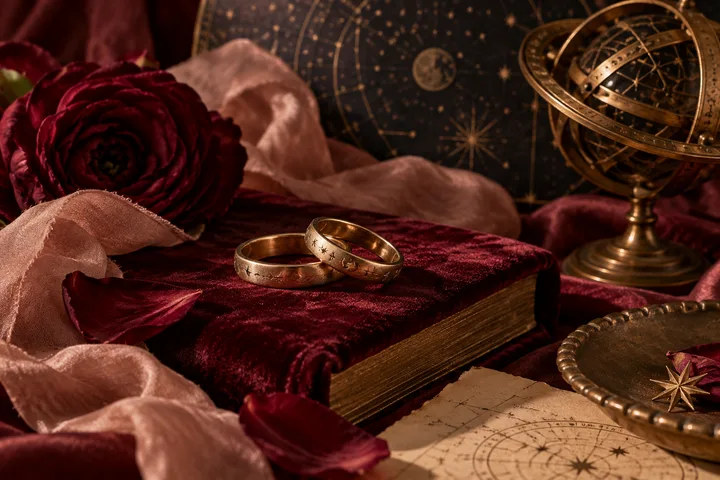 Two engraved gold rings rest on a burgundy velvet book beside a red rose, a star map, and a brass armillary sphere.
