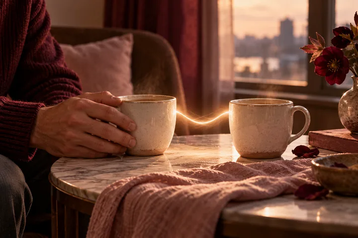 A hand holds a mug across a marble table from another mug, with a glowing curved line between them.