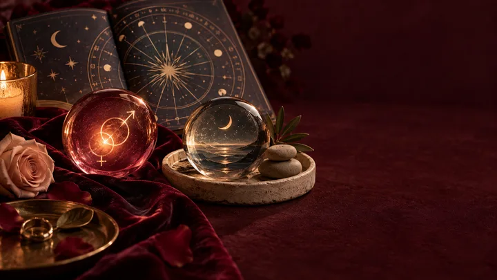 Burgundy editorial still life with a glowing Venus and Mars sphere beside a calm moonlit sphere, stacked stones, rose, candle, and an illustrative astrology wheel, suggesting chemistry balanced with emotional safety and steadiness.
