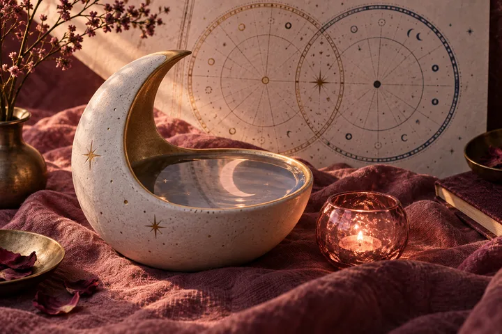 Moon-shaped ceramic vessel holding calm water beside a glowing blush candle, with an illustrative two-ring astrology diagram behind it, evoking emotional safety beyond romantic spark.