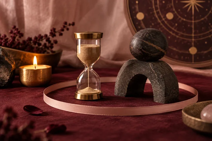 Steady hourglass and stacked dark stones inside a blush ribbon boundary on burgundy velvet, with a steady candle and illustrative astrology ring, symbolizing patience, responsibility, and consistent effort.