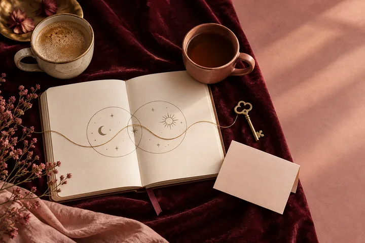Overhead burgundy and blush still life with two ceramic cups, an open blank journal bearing an illustrative two-circle astrology drawing, a gold connecting thread, and a key, evoking clear communication and trust.
