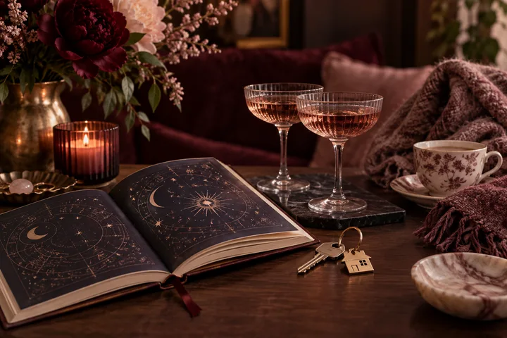 Burgundy dining table with an illustrative zodiac chart, a framed parent-and-child photograph, house keys, flowers, and two wine glasses, evoking a decision about shared home and family duty.