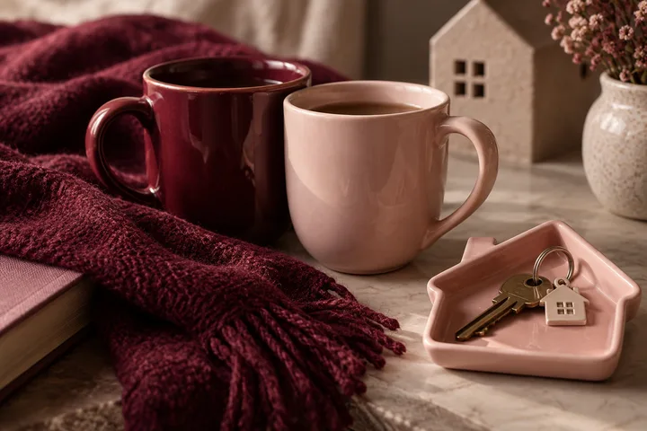 Two mugs, flowers, folded napkins, eyeglasses, and car keys on a dining table, with a softly lit home behind it for a conversation about time and responsibility.